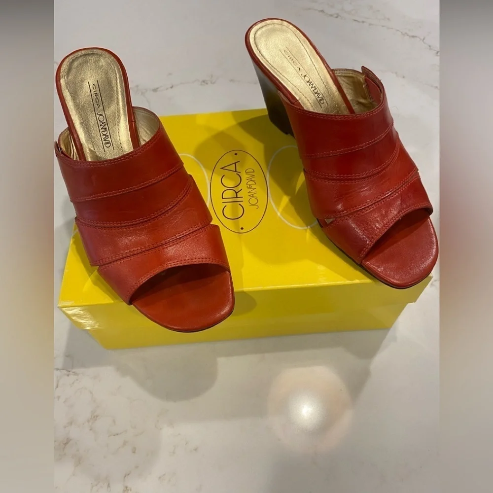 Joan & David Wedge Sandals Leather Tangerine Orange Size 7.5